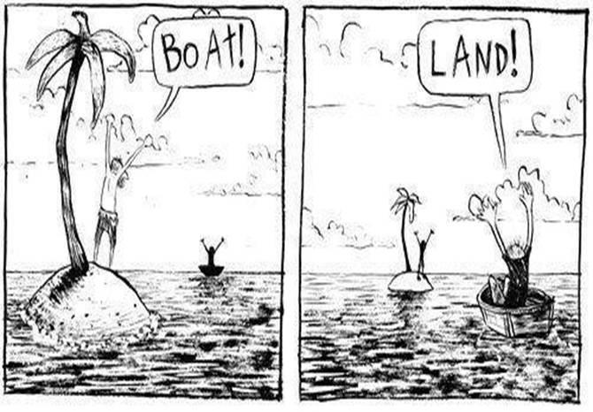 people looking at each other from different places: a boat and an island. Considering perspectives