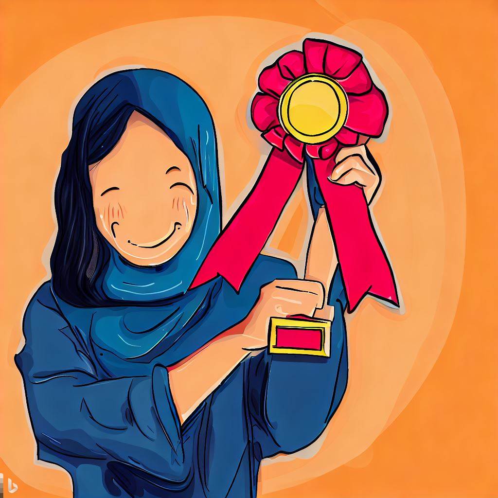 Image of a woman proudly holding up an award ribbon.