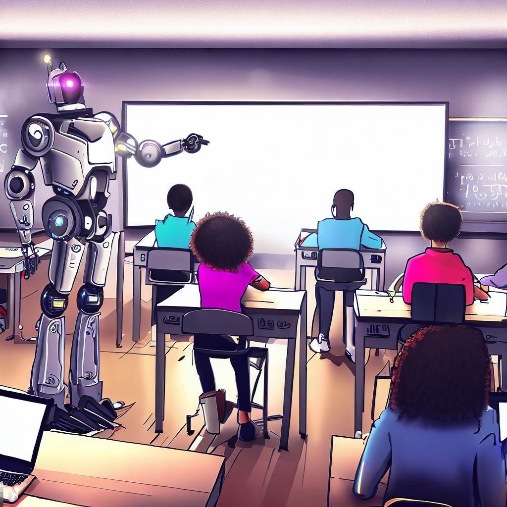 Students are seated in a classroom looking at the white board. A robot teacher is pointing at the whiteboard.