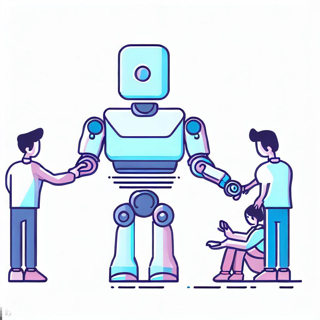 A robot is working with students