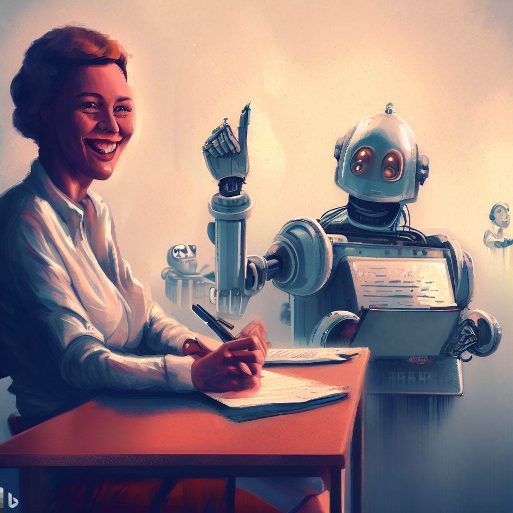 A robot gives a thumbs up to a student.