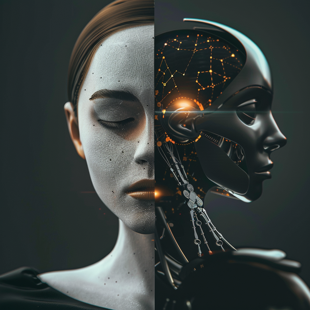 A female head with a line down the middle. Left is a woman with pale grey skin and red hair. Right is a robot looking right.